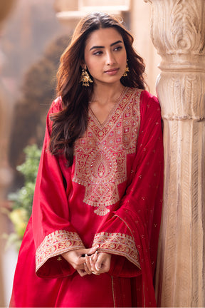 Cherry Red Zari & Sequins Embroidered Silk Suit