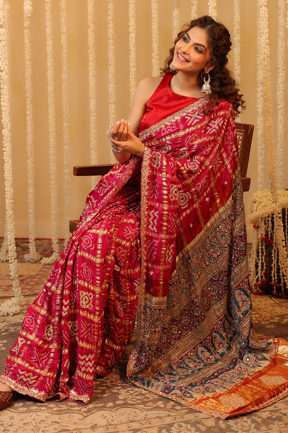 Magenta Pink Pure Gharchola Gajji Silk Printed And Embroidered Saree