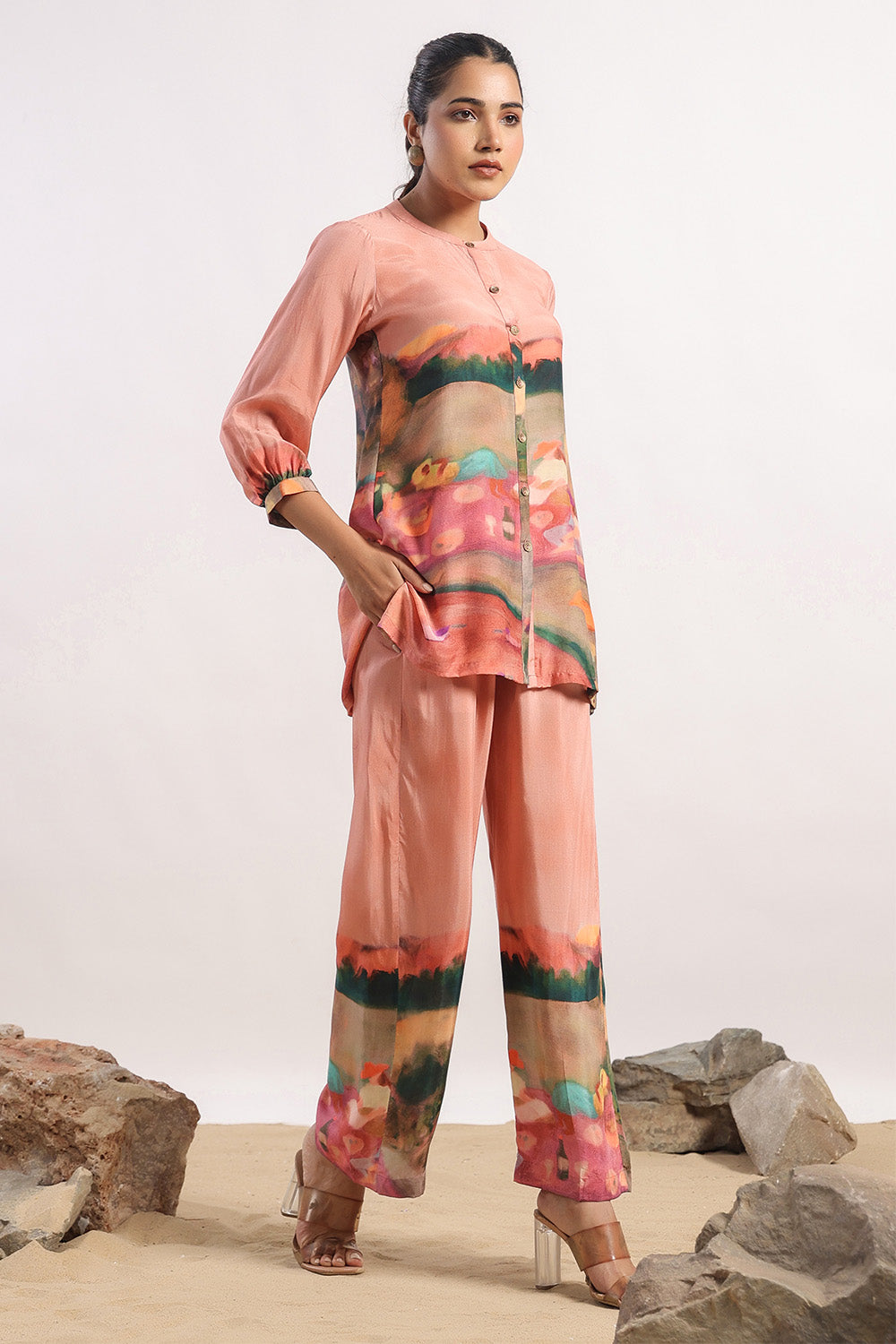Peach Colour Muslin Printed Co-Ord Dress