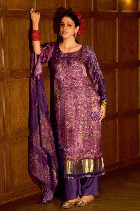 Purple Spun Printed Unstitched Suit Material