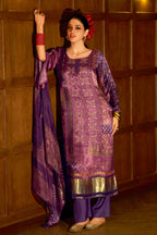 Purple Spun Printed Unstitched Suit Material
