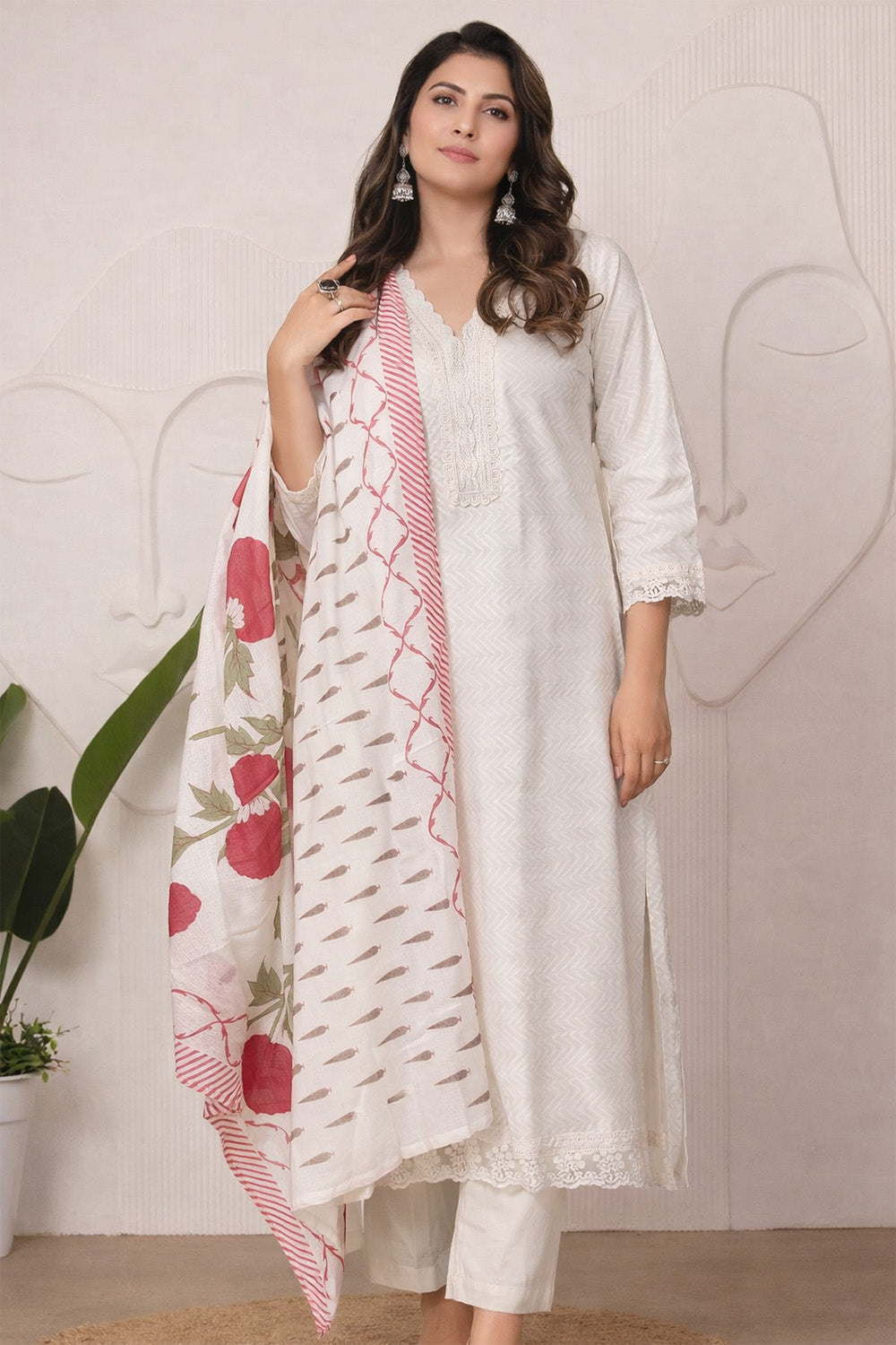 White Cotton Embroidered And Lace Work Suit Set