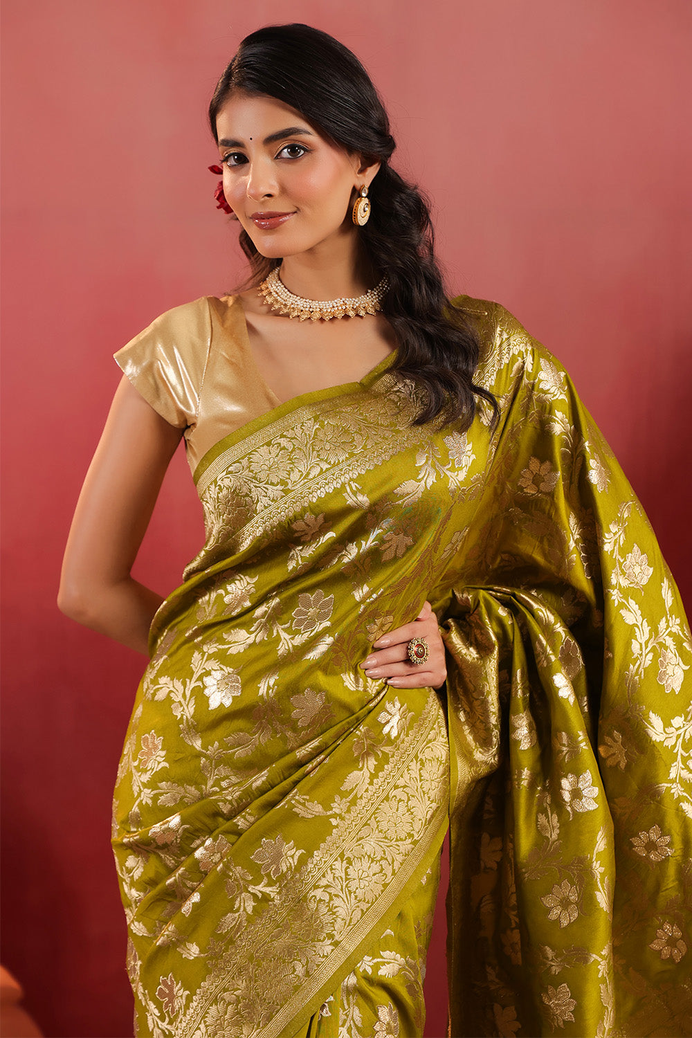 Sage Green Zari Floral Woven Silk Saree
