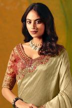 Beige Tissue Silk Border Embroidered Saree With Banarsi Woven Readymade Blouse