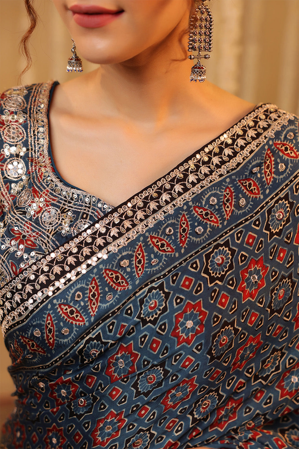 Navy Pure Mulberry Silk Printed And Embroidered Saree