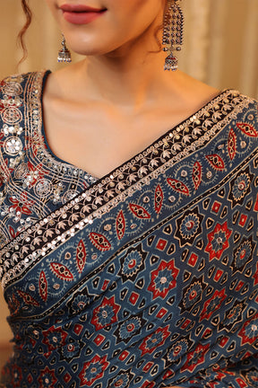 Navy Pure Mulberry Silk Printed And Embroidered Saree