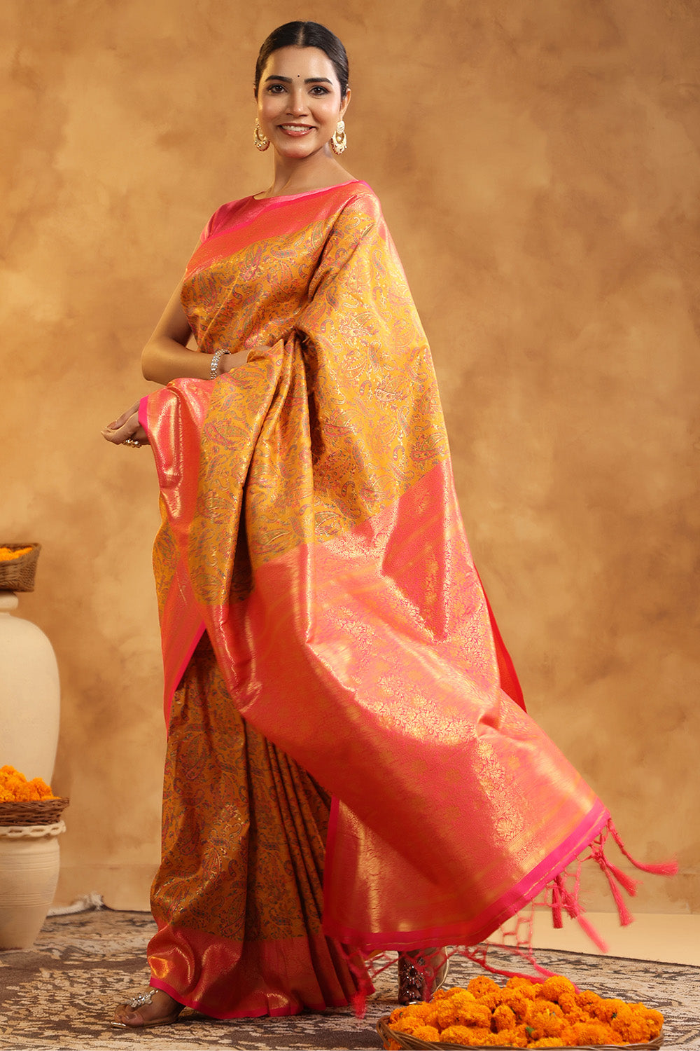 Mustard Color Resham Woven Saree