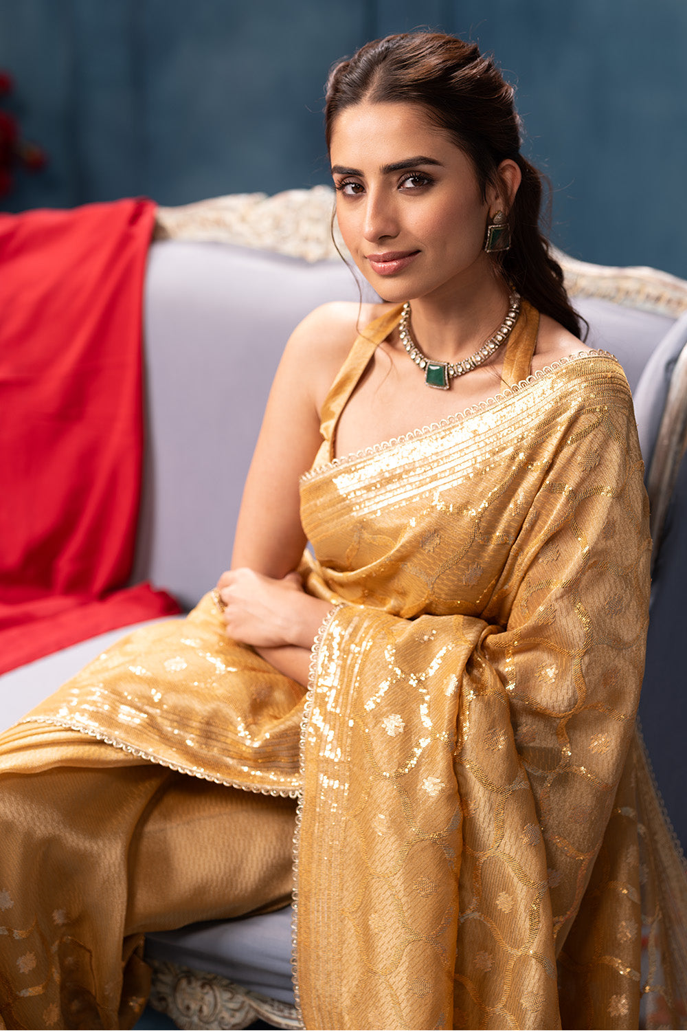 Golden Sequins and Resham Embroidered Metallic Tissue Saree