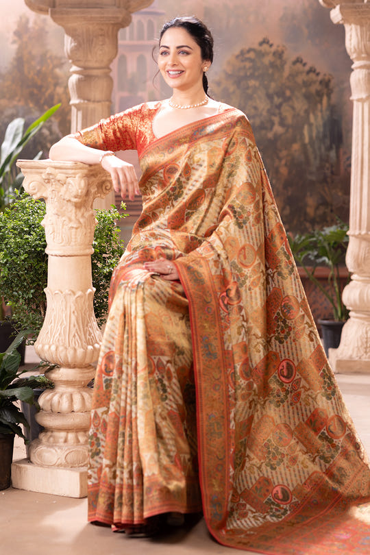 Beige Colour Position Print Woven Silk Saree
