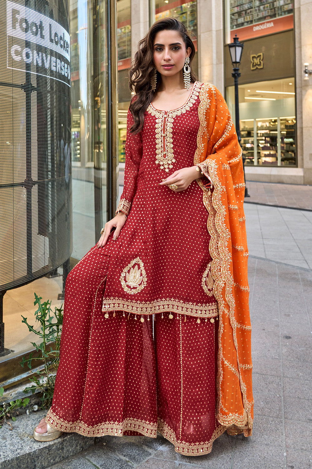 Maroon Color Crepe Silk Embroidered Suit With Palazzo