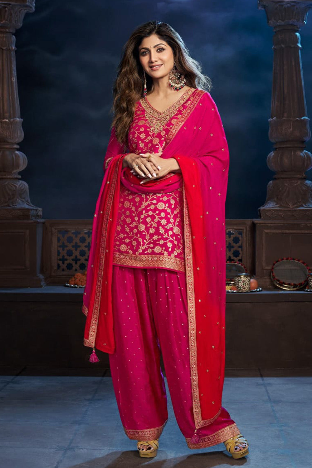 Fuchsia Pink Color Silk Embroidered Suit with Farsi Salwar