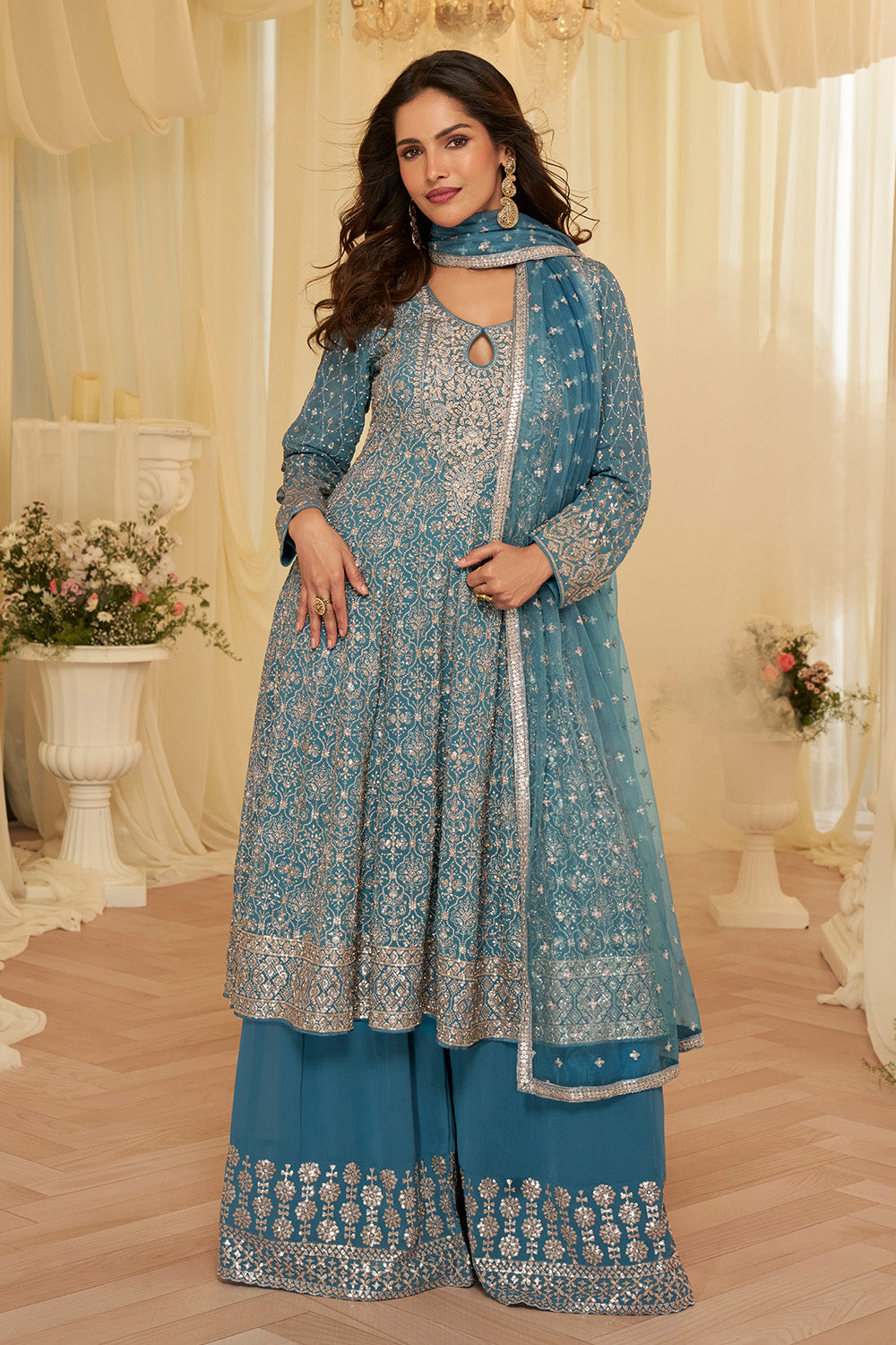 Blue Georgette Embroidered Anarkali Suit Set
