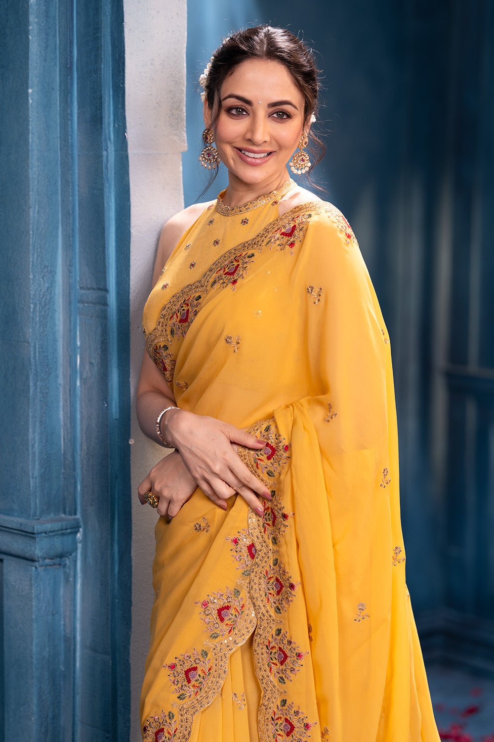 Pale Yellow Pure Georgette Resham, Zari and Sequins Embroidered Saree