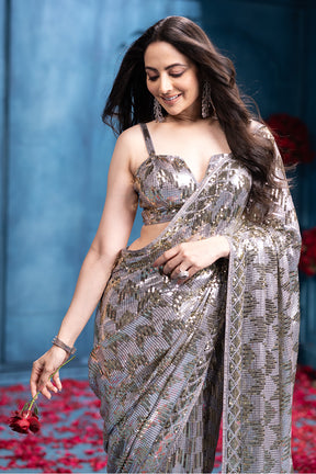 Grey Pure Georgette Sequins Embroidered Saree
