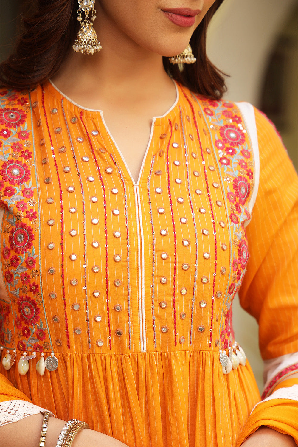 Mustard Color Cotton Neck Embroidered Anarkali Suit