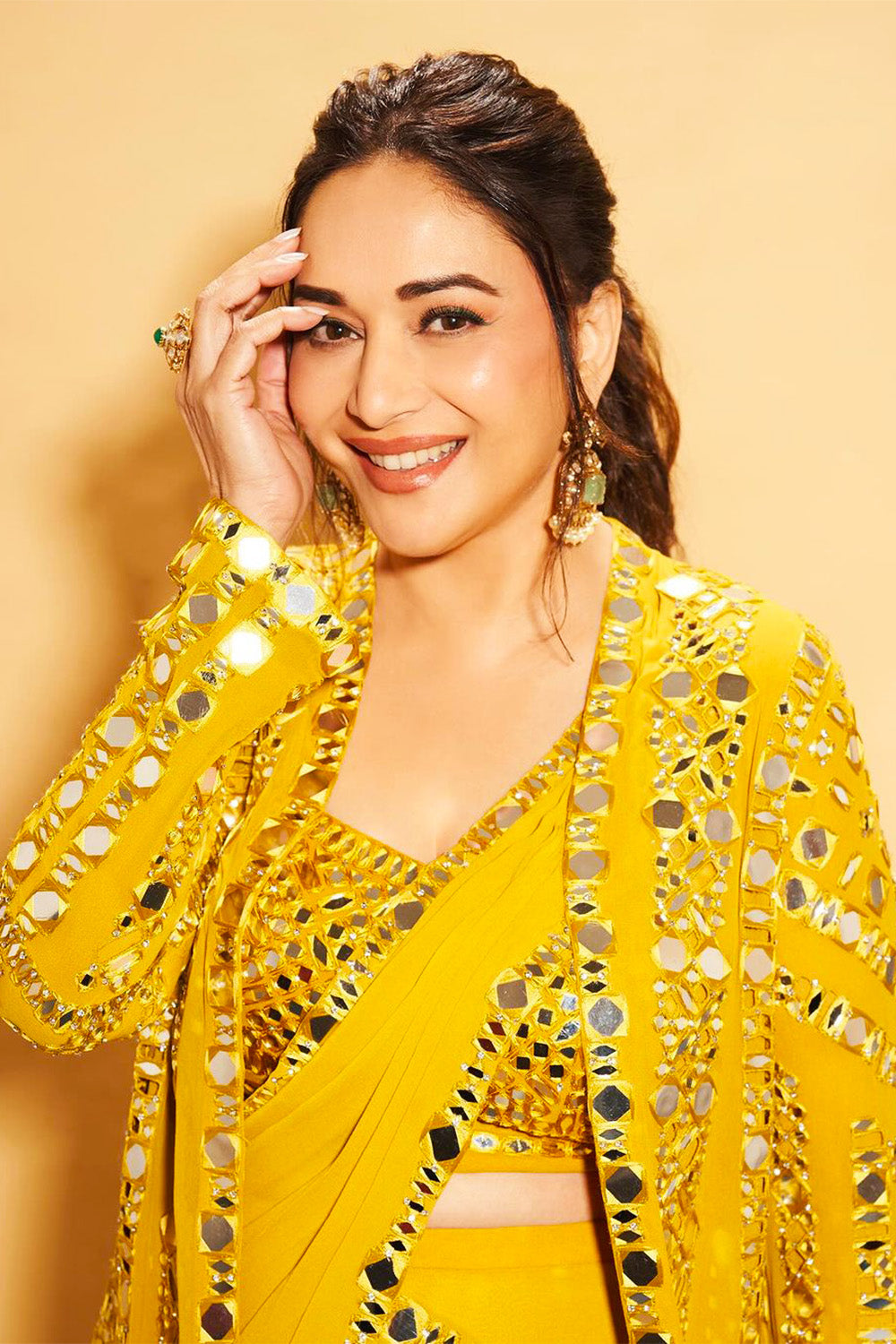 Mustard Color Georgette Mirror Embroidered Saree With Shrug