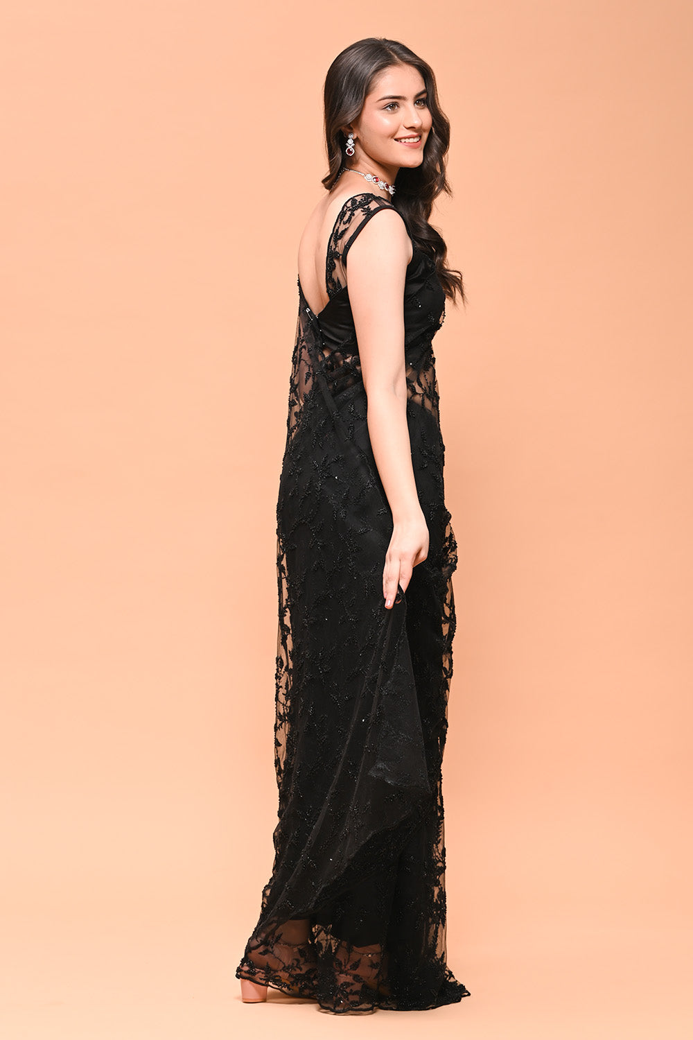 Black Color Net Cut-Dana Work Saree