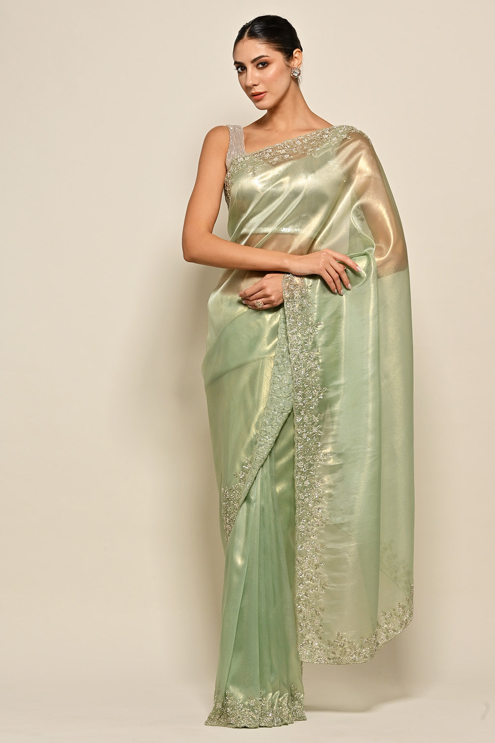 Mint Green Color Mantellic Tissue Embroidered Saree