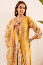 Mustard Chanderi Silk Printed Straight Suit