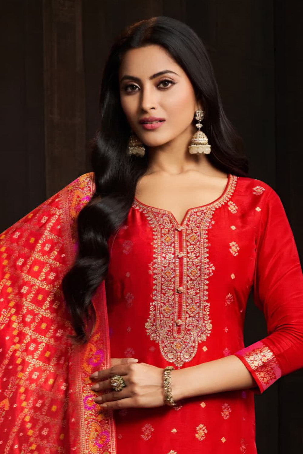 Red Silk Neck Embroidered And Zari Woven Suit With Woven Dupatta Set
