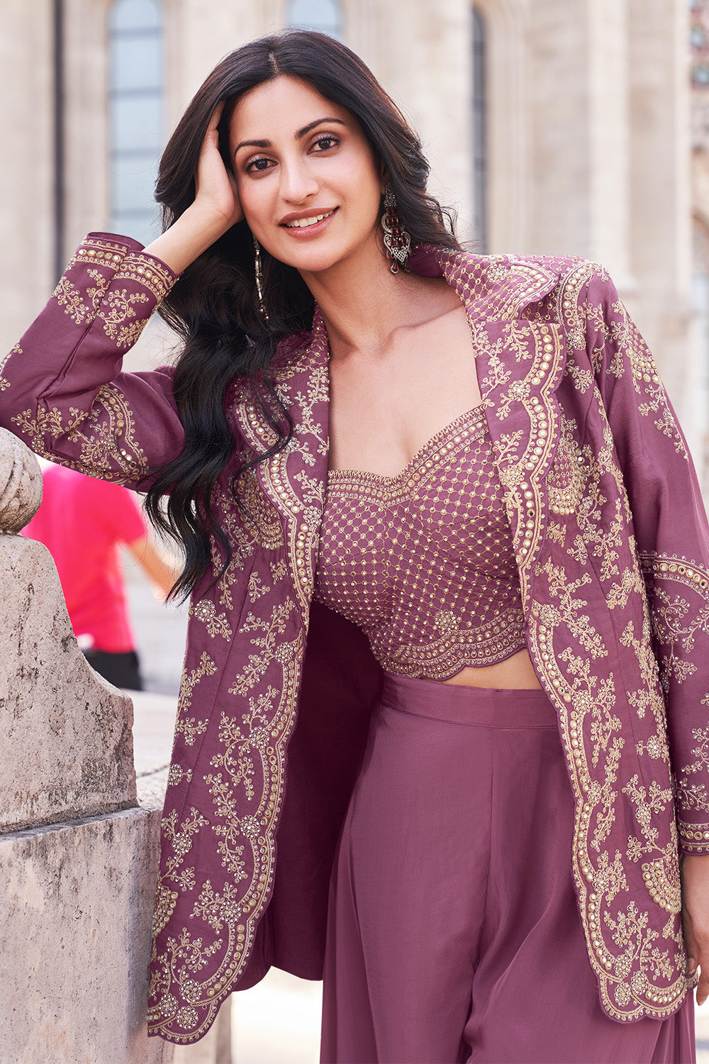Dark Mauve Crepe Silk Embroidered Crop-Top Dress With Jacket And Palazzo