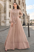 Beige Crush Tissue Mirror Work Anarkali Gown