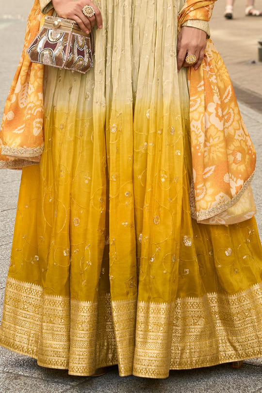Cream & Mustard Ombre Embroidered Anarkali Suit
