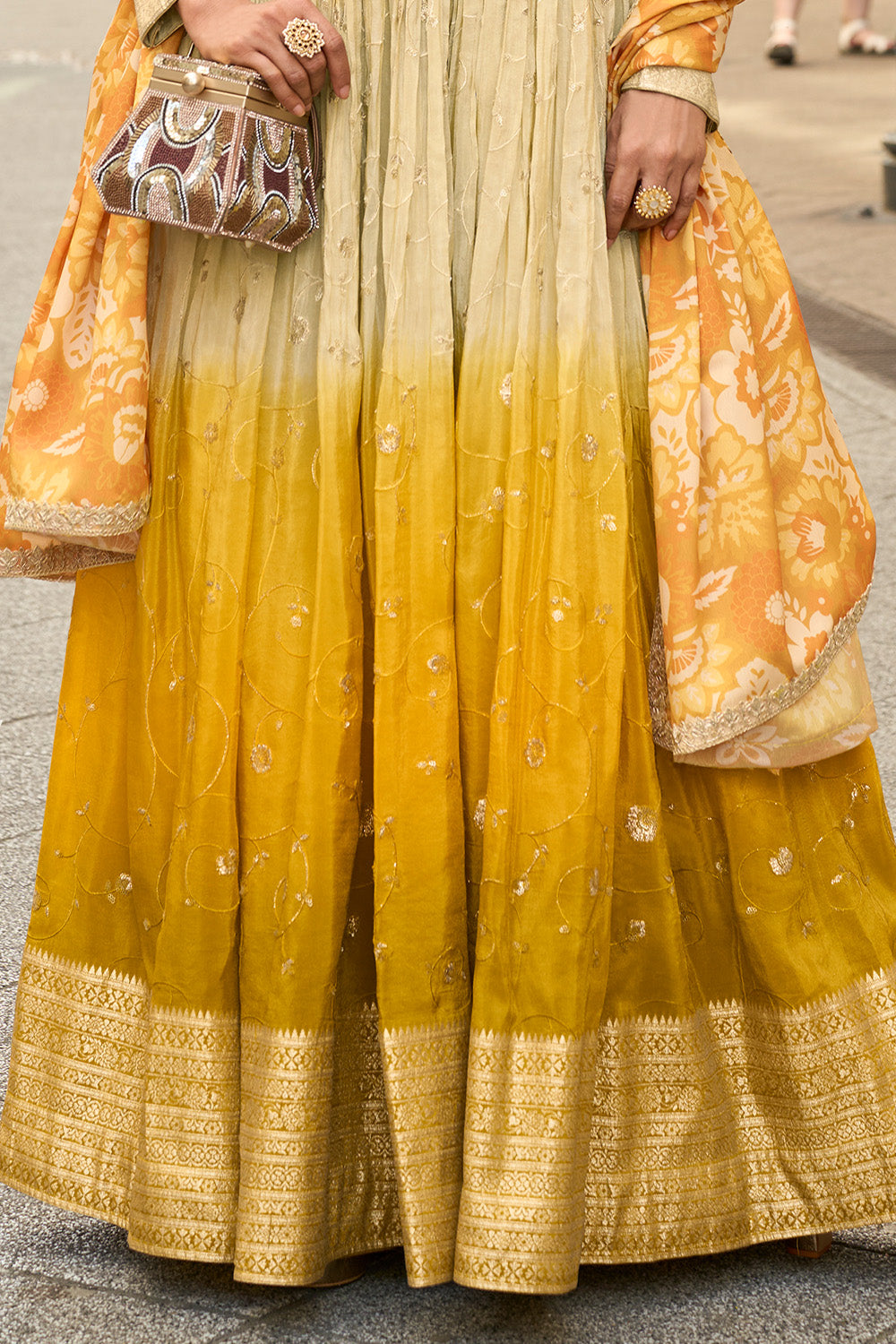 Cream & Mustard Ombre Embroidered Anarkali Suit
