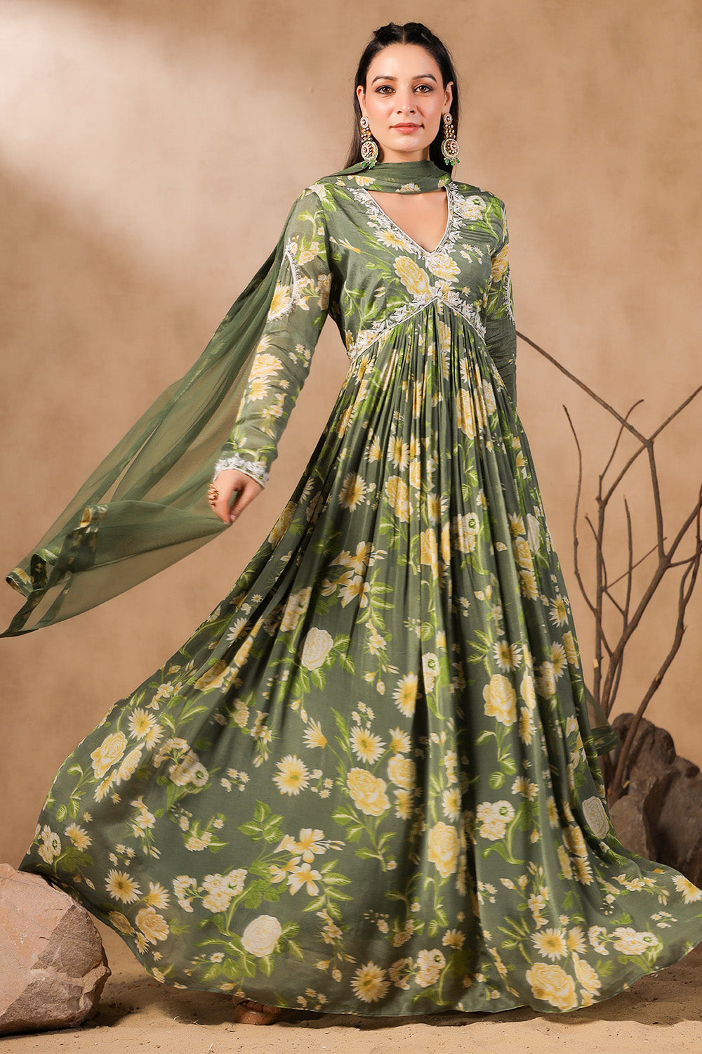 Sage Green Color Crepe Alia-Cut Printed Anarkali Suit