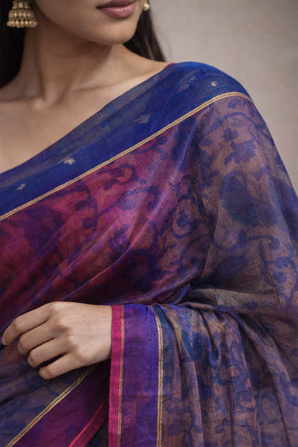 Indigo Chanderi Cotton Printes Saree