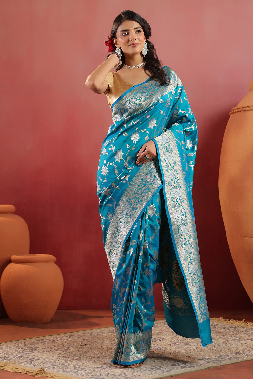 Teal Blue Banarasi Silk Woven Saree