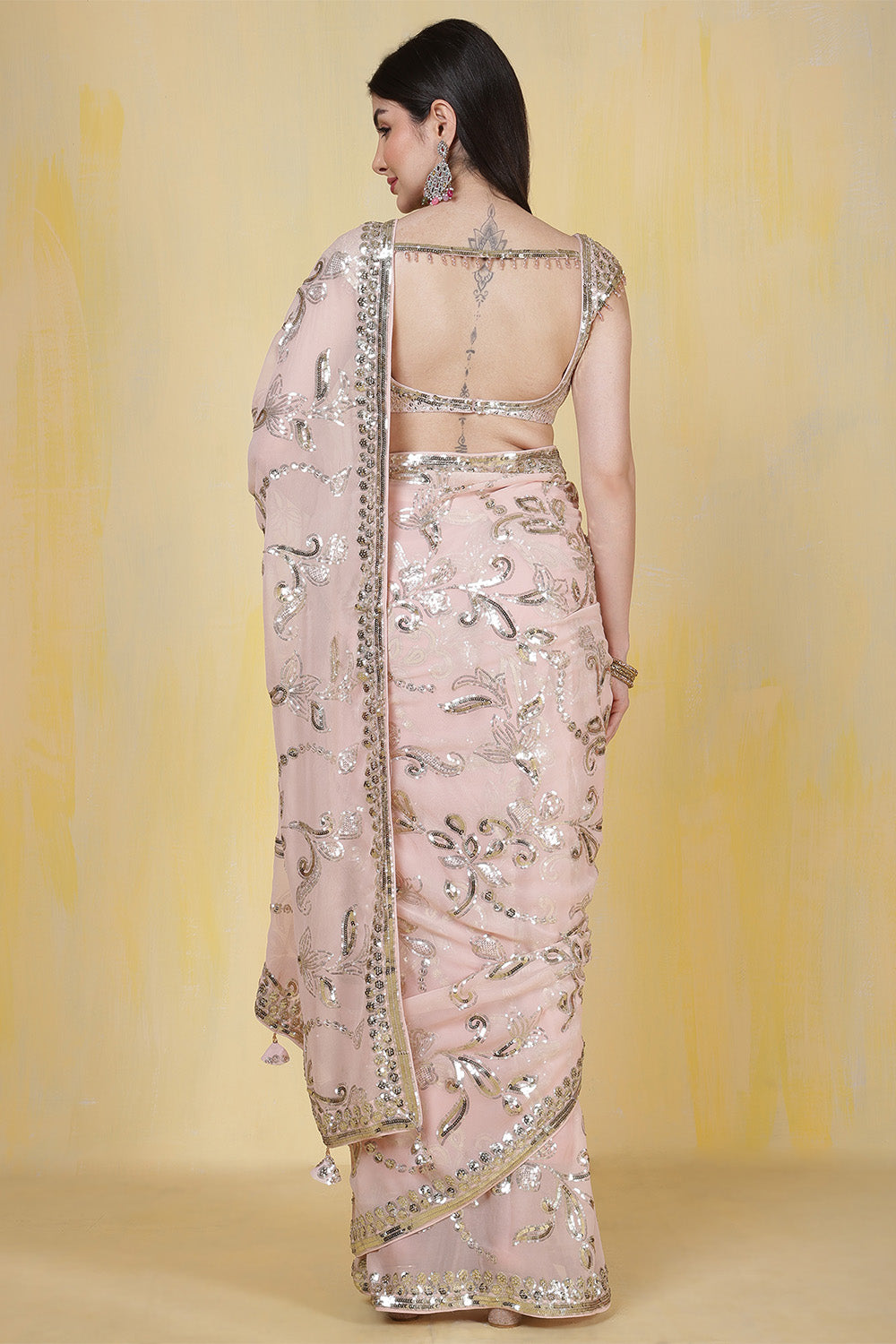 Dusty Pink Sequins Embroidered Georgette Saree