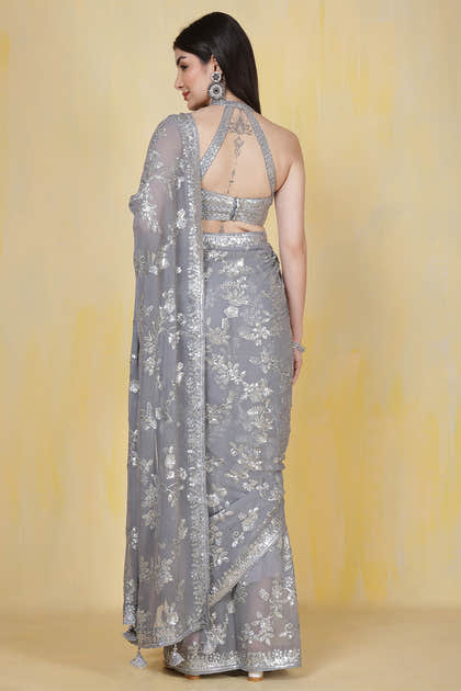 Grey Georgette Sequins Embroidered Saree