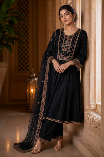 Black Crepe Silk Zari and Sequins Embroidered Anarkali Suit