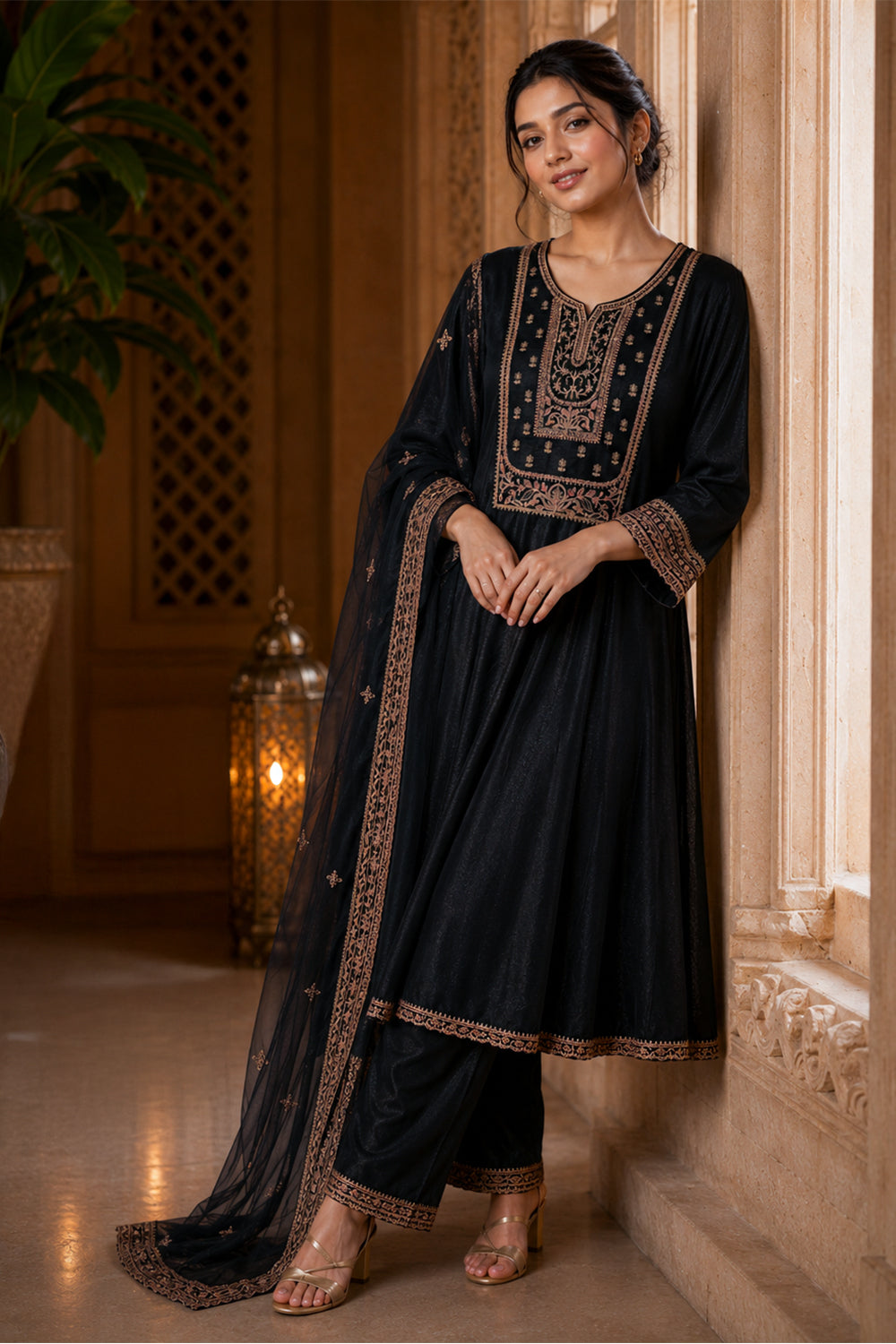 Black Crepe Silk Zari and Sequins Embroidered Anarkali Suit