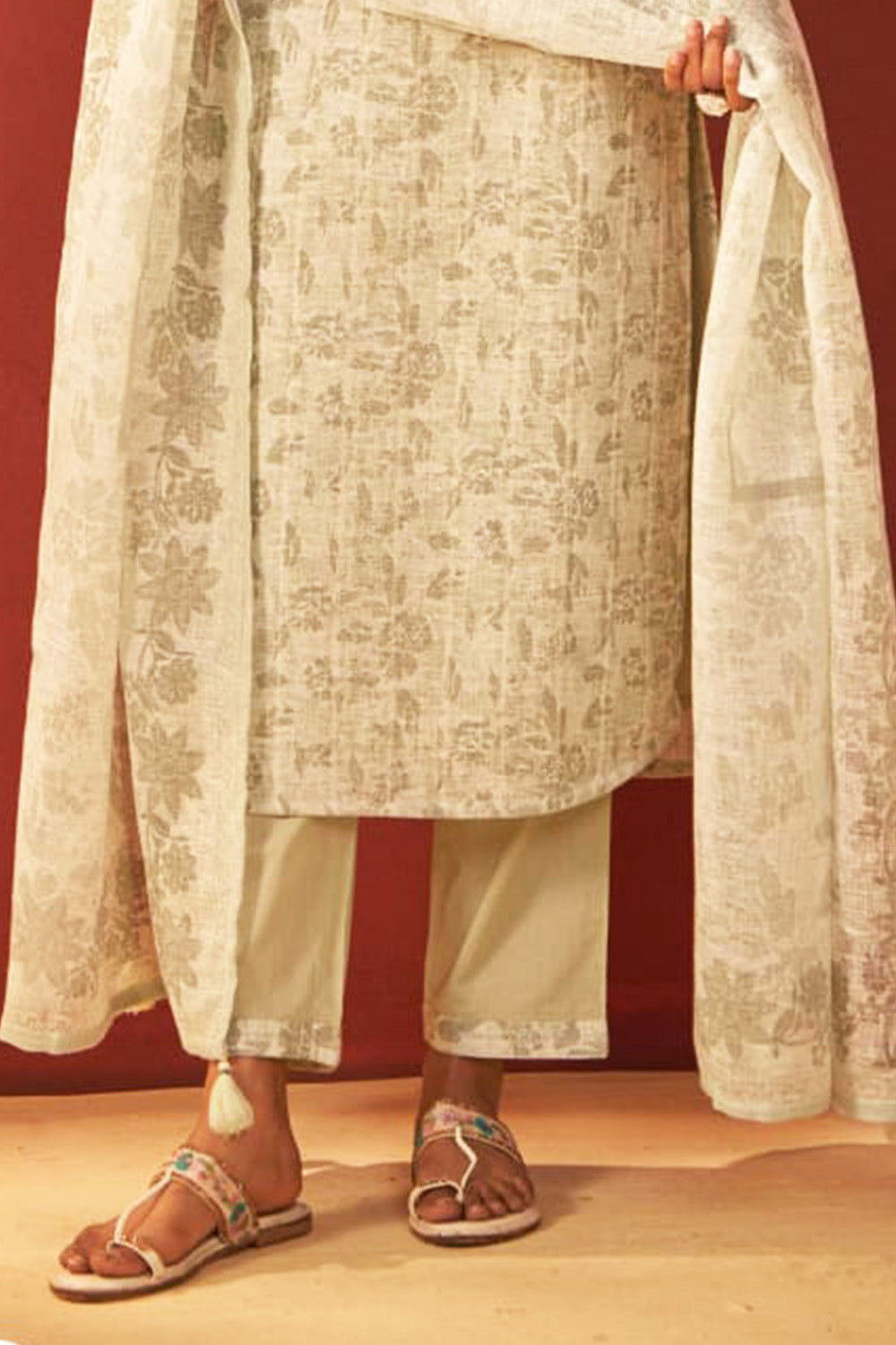 Pista Green Color Khadi Cotton Floral Printed and Neck Embroidered Suit