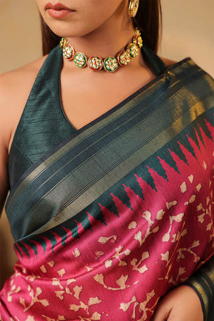 Deep Carmine Tussar Silk Floral Printed and Zari Woven Saree