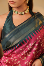 Deep Carmine Tussar Silk Floral Printed and Zari Woven Saree