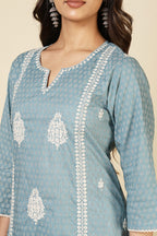 Blue Cotton Emboridered And Printed Suit Set