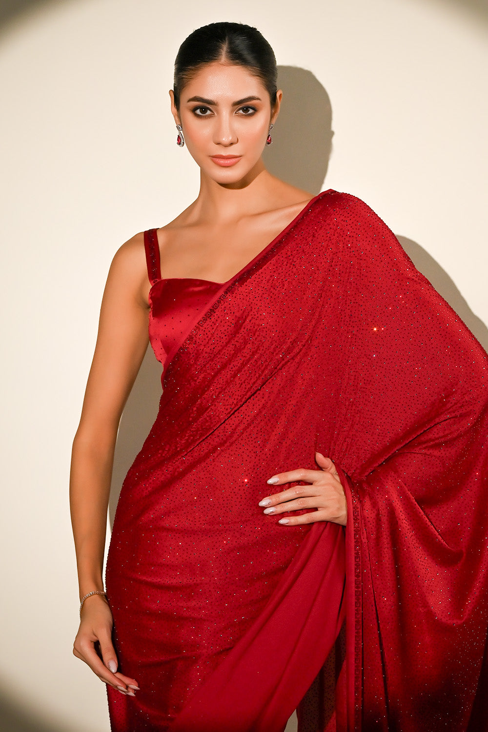 Cherry Red Color Satin Swarovski Work Saree