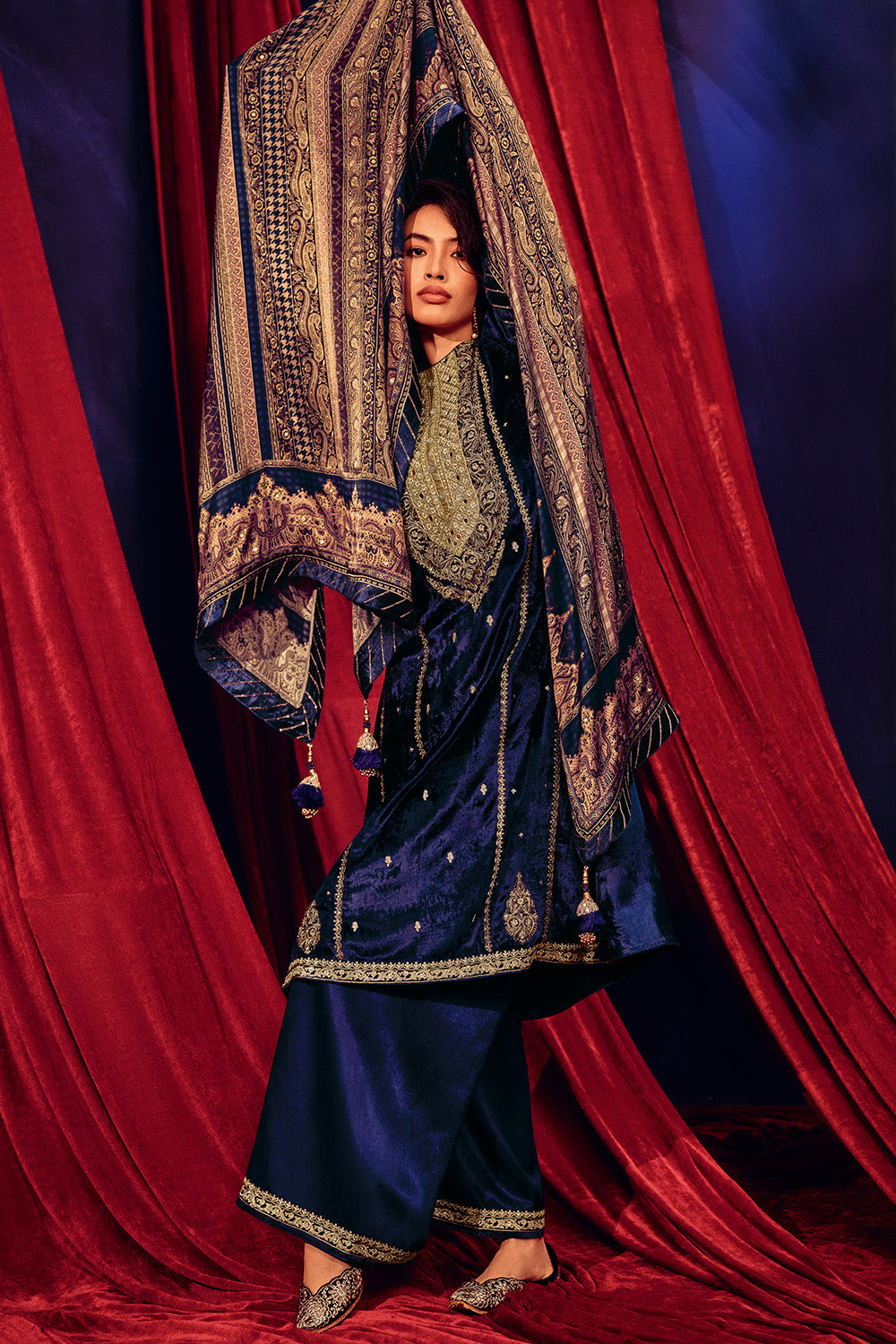 Navy Color Zari Embroidered Velvet Unstitched Suit Fabric