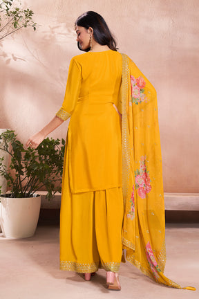 Yellow Crepe Silk Embroidered Suit With Palazzo