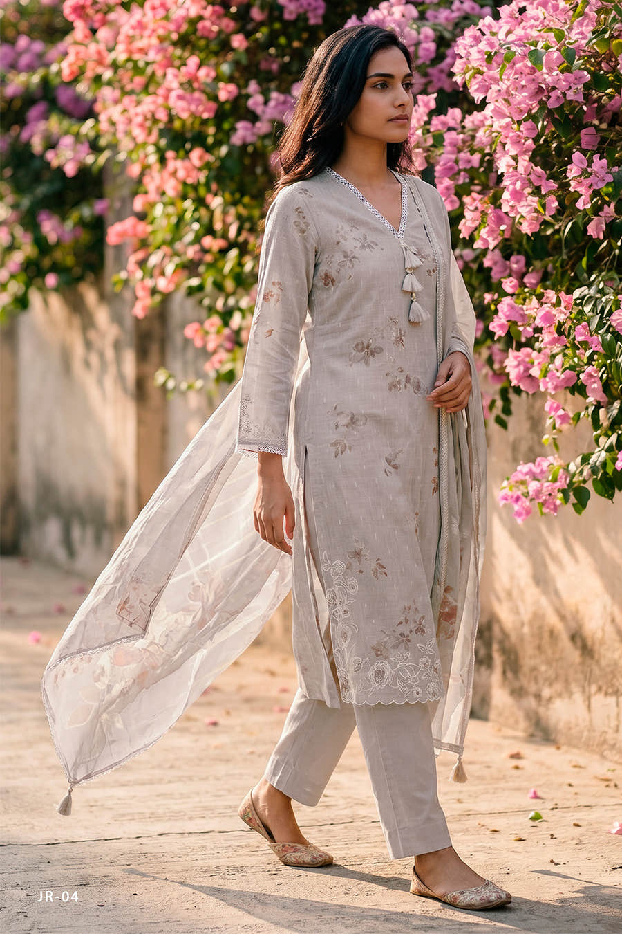 Grey Cotton Floral Resham Embroidered and Printed Unstitched Suit Material