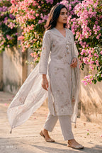 Grey Cotton Floral Resham Embroidered and Printed Unstitched Suit Material