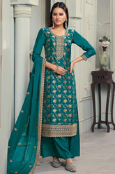 Teal Color Georgette Zari Woven and Embroidered Unstitched Suit Material