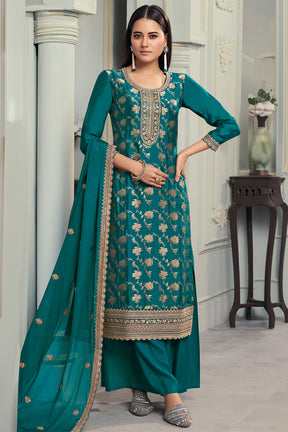 Teal Color Georgette Zari Woven and Embroidered Unstitched Suit Material