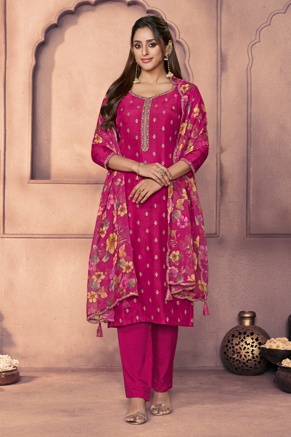 Cherry Red Embroidered Suit Set