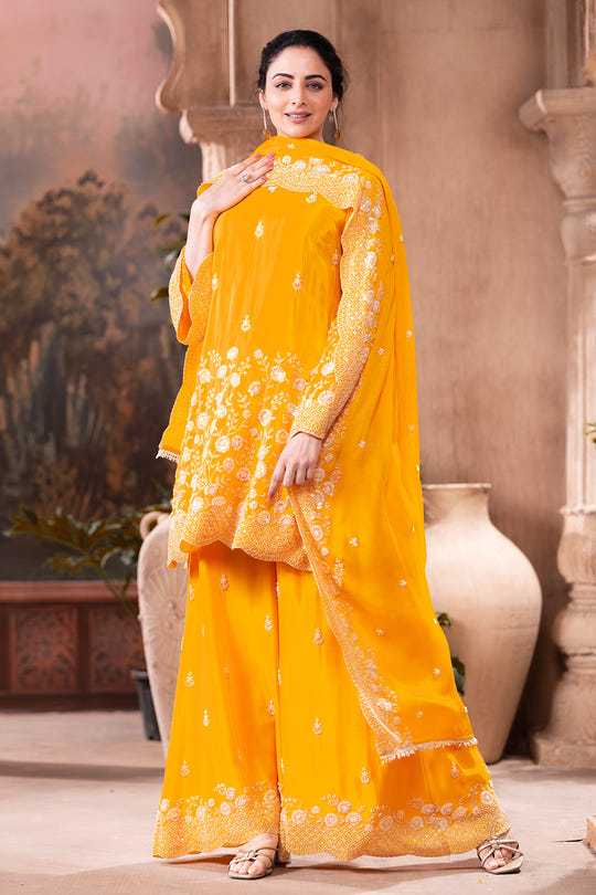 Yellow Pure Silk Floral Embroidered Suits With Embroidered Pallazo