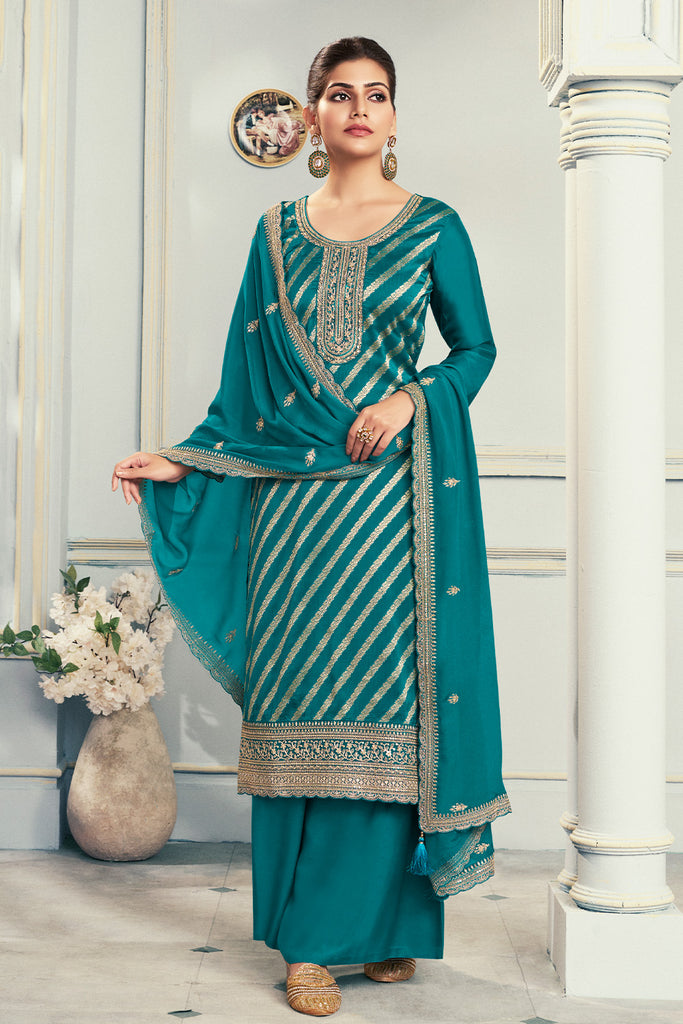 Teal Embroidered & Woven Chanderi Silk Unstitched Suit Fabric
