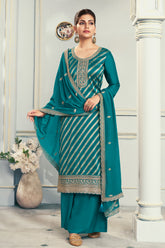 Teal Embroidered & Woven Chanderi Silk Unstitched Suit Fabric